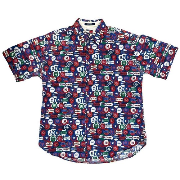 Vintage Tommy Jeans All Over AOP Baseball Button Shirt 90s Streetwear Size XL - Picture 3 of 12